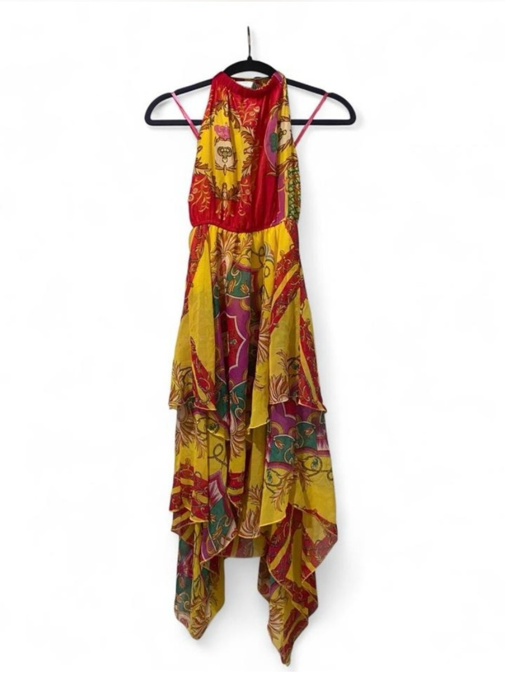 Bright Yellow & Red High-Low Halter Dress